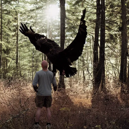 Image similar to creature consisting of a bald eagle and a human, golden hour, photograph captured in a forest