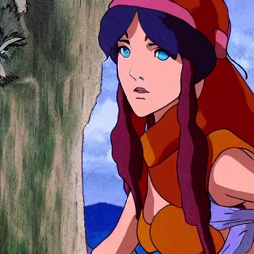 Prompt: megan fox as san in the studio ghibli movie princess mononoke, studio ghibli art