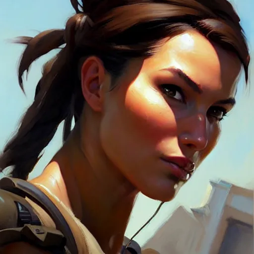 Image similar to Greg Manchess portrait painting of Lara Croft as Overwatch character, medium shot, asymmetrical, profile picture, Organic Painting, sunny day, Matte Painting, bold shapes, hard edges, street art, trending on artstation, by Huang Guangjian and Gil Elvgren and Sachin Teng