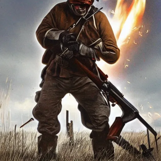 Prompt: Photo of a man wearing a combat helmet on his head aiming a musket, postapocalyptic