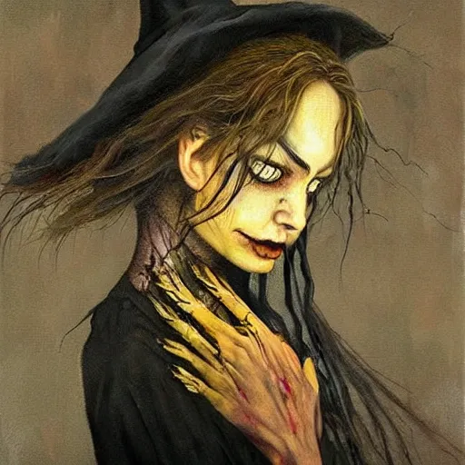 Prompt: an oil painting of a witch by esao andrews. circa survive album cover art. dark. muted colors. gothic. oil painting with brush strokes. creepy.