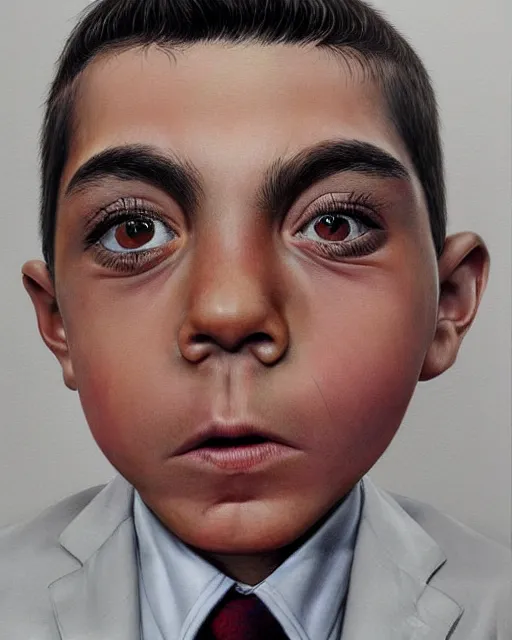 Image similar to portrait of a 7 year old child crime boss, gritty, wearing a suit, smoking, very detailed eyes, hyperrealistic, very detailed painting by Glenn Fabry, by Joao Ruas, by Artgerm