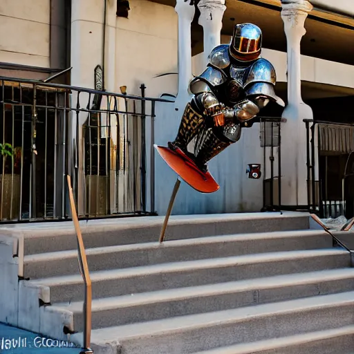 Prompt: A knight in heavy armor doing a kickflip off of a stair rail, 90's video recording, downtown L.A.