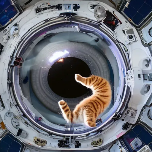 Prompt: astronaut kittens on the bridge of their spaceship, flying through space to the Webb telescope to play on it. Breathtaking high energy