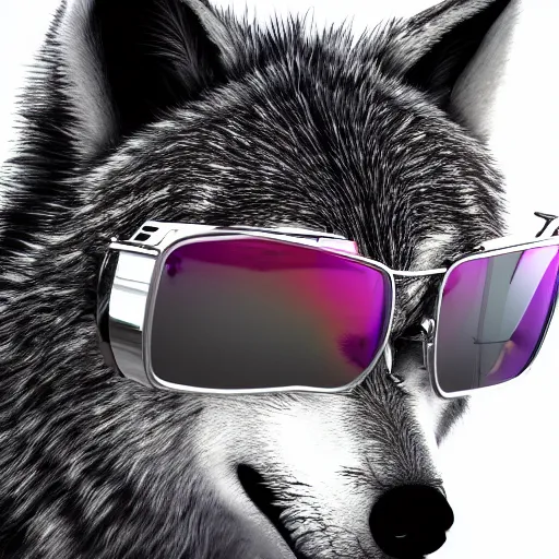 Prompt: chrome wolf with sunglasses, glossy, metallic, neon, symmetrical, tribal patterns, realistic, unreal engine, octane, redshift, artstation, behance