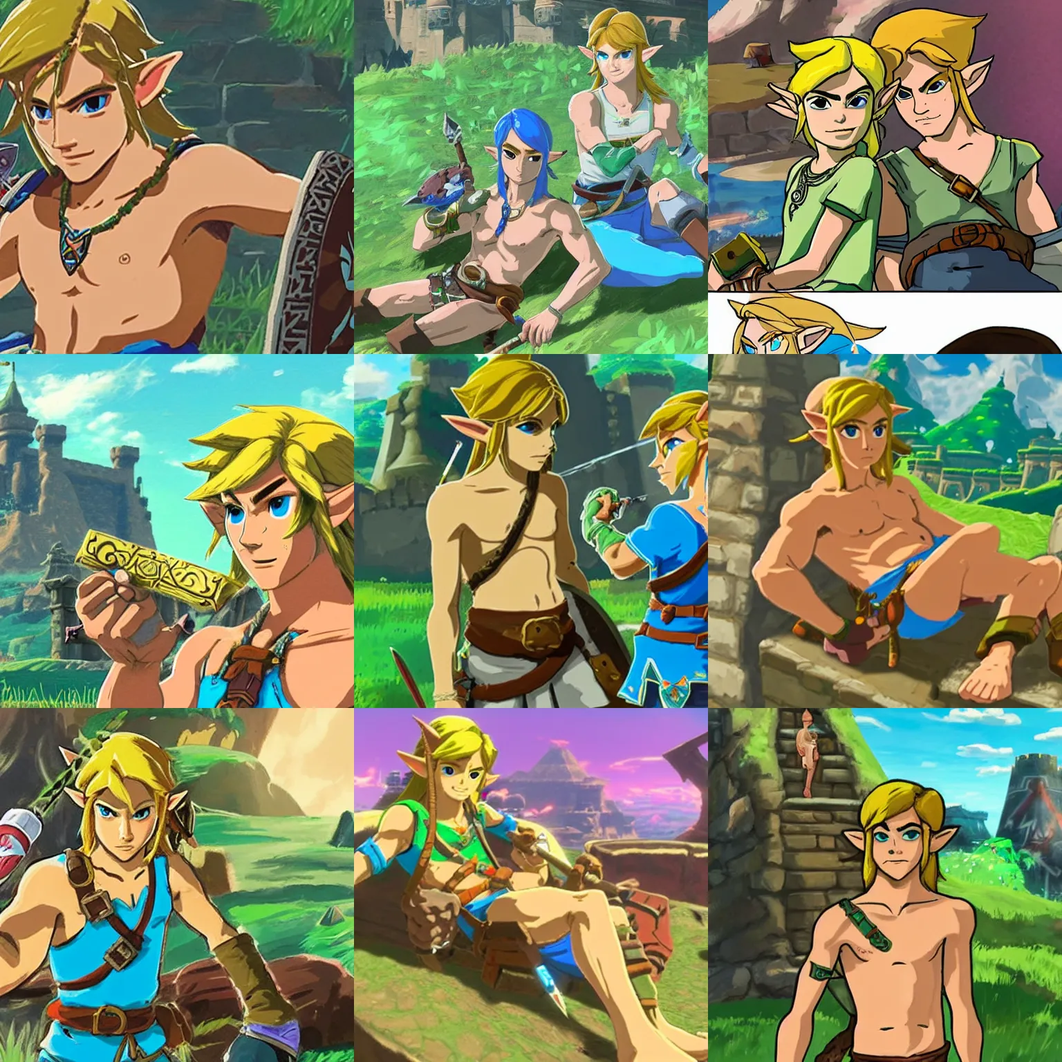 Prompt: Shirtless Smirking Link from breath of the wild smoking weed with Zelda in the hyrule castle on a sunny day