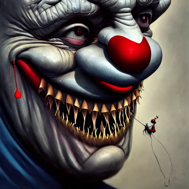 Image similar to gediminas pranckevicius | close up portrait of a evil clown with sharp teeth in the sinister valley of despair, one mouth, one nose, two eyes, oil painting by tomasz jedruszek, cinematic lighting, pen and ink, intricate line, hd, 4 k, million of likes, trending on artstation