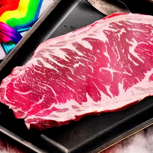 Image similar to a prime unicorn steak. rainbow colored meat with glittery marbling