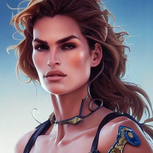 Image similar to 1990s Cindy Crawford as Lana Croft, intricate, elegant, highly detailed, digital painting, artstation, concept art, smooth, sharp focus, illustration, art by artgerm and greg rutkowski and alphonse mucha