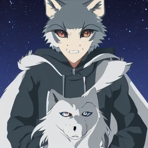 Image similar to key anime visual portrait of a handsome male anthro wolf furry fursona with beautiful eyes, wearing a hoodie, official modern animation