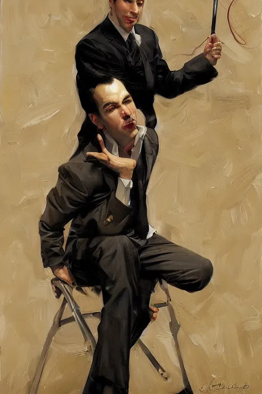 Image similar to nathan fielder, painting by jc leyendecker!! phil hale!, angular, brush strokes, painterly, vintage, crisp