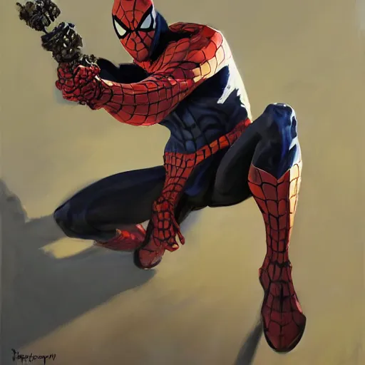 Image similar to greg manchess portrait painting of partially armored spiderman with exo - skeleton as overwatch character, medium shot, asymmetrical, profile picture, organic painting, sunny day, matte painting, bold shapes, hard edges, street art, trending on artstation, by huang guangjian, gil elvgren, ruan jia, greg rutkowski, gaston bussiere