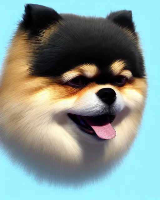 Image similar to gold, blue, head to shoulders illustration of a fat angry pomeranian, 3 d, 8 k, extremely detailed, artstation