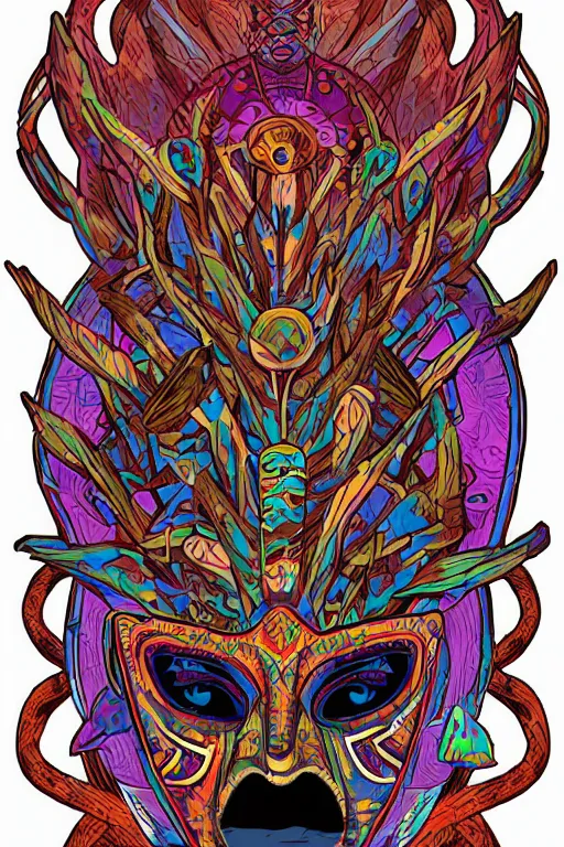 Image similar to totem animal mask tribal feather gemstone plant wood rock shaman vodoo video game vector cutout illustration vivid multicolor borderlands comics by josan gonzales and dan mumford radiating a glowing aura