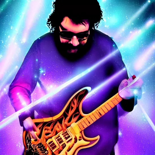 Image similar to a Jerry Garcia guitarist playing so intensely there is electricity shooting out from his guitar, energy beams under his finger tips, and magic sparkles from the freboard, amazing ditial art, trending on artstation, featured on deviantart