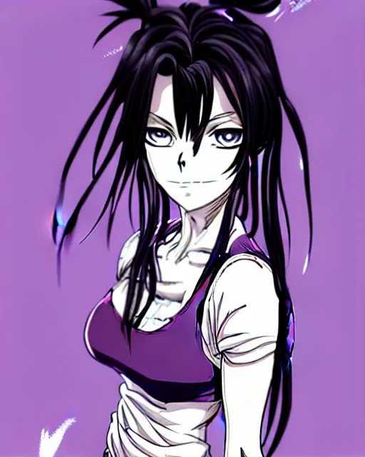 Image similar to style of madhouse studio anime, black lagoon manga, loish, artgerm, comic art, portrait of revy from black lagoon, symmetrical eyes and symmetrical face, jean shorts, white tank top, purple hair, sarcastic evil smirk on face, sky and ocean background