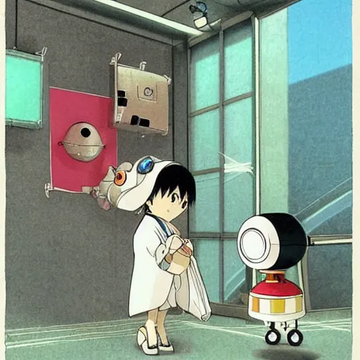 Prompt: very cute, small robot, friendly eyes, anime art by Hayao Miyazaki.