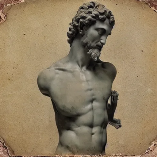 Image similar to “1800s era photograph of Michelangelo sculpting David, hyperrealistic, hd, faded, cracked, stained”