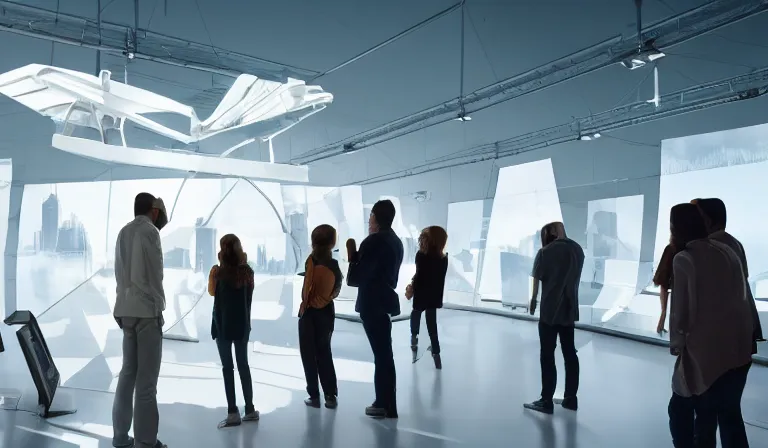 Prompt: group of people in simple white museum, looking at hologram of futuristic city on a table, cinematic concept art, godrays, golden hour, natural sunlight, 4 k, clear details, tabletop model buildings, center model buildings, hologram center, crane shot, crane shot, crane shot