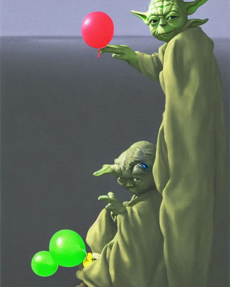 Image similar to yoda holding a green balloon in the tokyo suburbs by edward hopper and james gilleard, zdzislaw beksinski, highly detailed, trending on artstation, sigma 5 0, hyper realistic