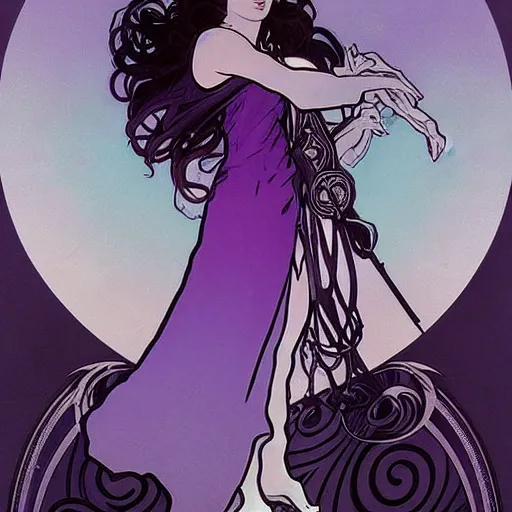 Prompt: a dark witch with black and purple designs and clouds, by alphonse mucha. elegant decoration. beautiful gradients. dark atmosphere. trending on artstation, behance.