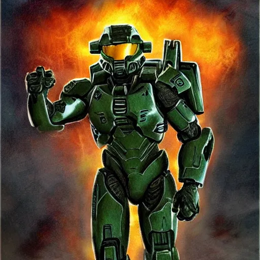 Prompt: Master Chief from Halo fighting Doom Guy from Doom in hell art in the style of Frank Frazetta
