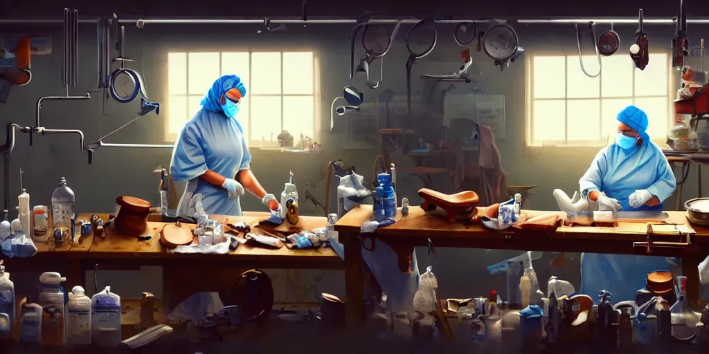 Image similar to an environmental concept art of a babushka surgeon in a cluttered mechanics workshop, surgical impliments, surgery table, highly detailed, cinematic, dramatic