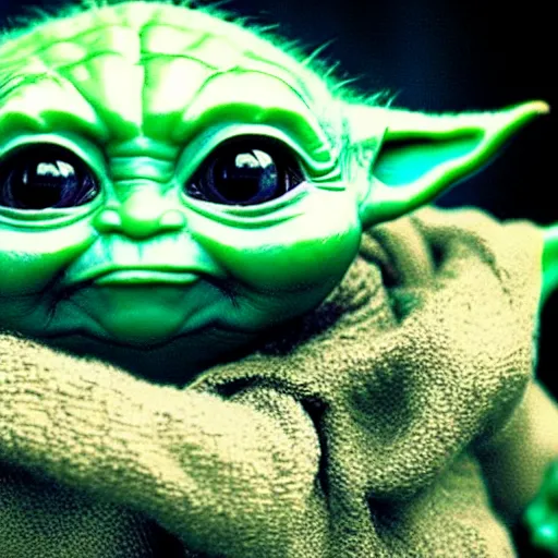 Image similar to hyper realistic Baby Yoda playing on Playstation,