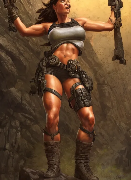 Prompt: muscled Lara Croft grinning as a ruggedly handsome heroine, intricate, elegant, highly detailed, centered, artstation, concept art, smooth, sharp focus, illustration, bokeh art by artgerm and donato giancola and Joseph Christian Leyendecker, WLOP