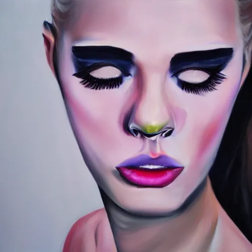 Prompt: hyperrealism oil painting, fashion model portrait, black lips, pink eyelashes