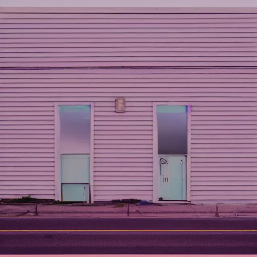 Prompt: photograph of small town USA, minimal, architectural, bleak, pastel colours, Kodak Portra 400, Mamiya 7ii
