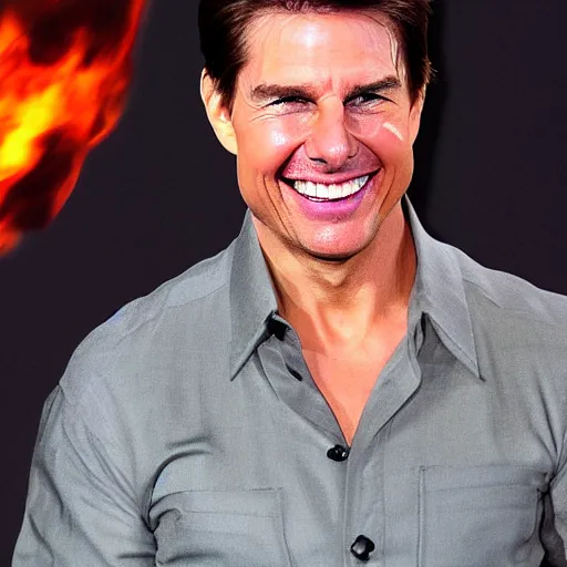 Image similar to Tom Cruise laughing in a house he set on fire, flaming background, overexposed photograph