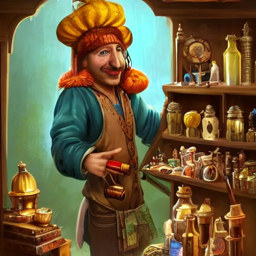 Image similar to Anthropomorphized parrot trader in his shop, shelves full, selling a gem, portrait, items, magic potions, carpet, window, fancy funny hat, sly expression , cunning expression, cute expression, presenting magic gem, D&D, fantasy, cinematic lighting, highly detailed, digital painting, artstation, concept art, smooth, sharp focus, illustration, warm light, cozy warm tint, magic the gathering artwork, volumetric lighting, 8k, no gold, no gold colours, books, art by Akihiko Yoshida, Greg Rutkowski