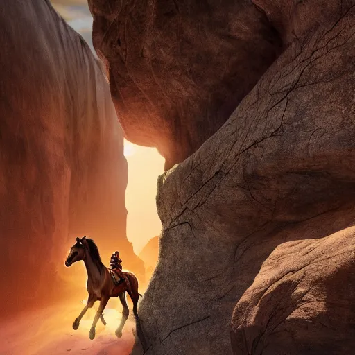 Image similar to spirit, the wild horse from the spirit movie, with the young girl named lucky on the horseback galloping next to a canyon into the sunset, movie poster, intricate detail, 8 k, trending on artstation, octane render