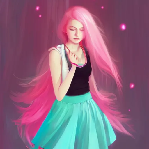 Image similar to colorful and festive captivating teenager girl with pink hair, cyan top crop, black skirt, black leggings, cute look. rich vivid colors, ambient lighting, dynamic lighting, 4 k, atmospheric lighting, painted, intricate, highly detailed by charlie bowater