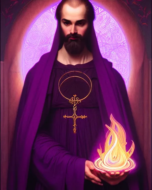 Image similar to portrait of saint germain, he is holding the violet purple indigo flame, completely violet colored, intricate, elegant, highly detailed, digital painting, artstation, concept art, smooth, sharp focus, illustration, art by artgerm and greg rutkowski and fra angelico and alphons mucha