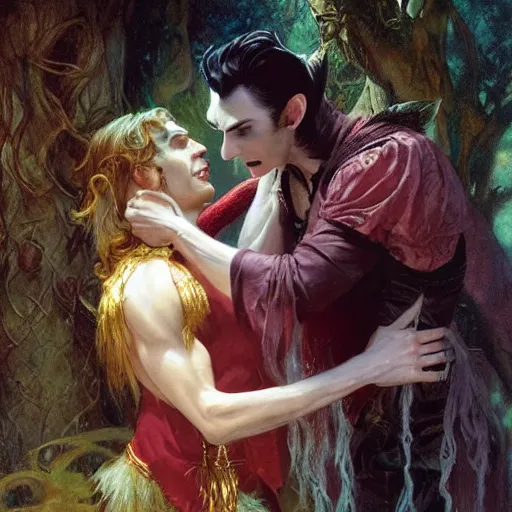 Image similar to attractive male fairy of the forest confesses his love to attractive male dracula the vampire. highly detailed painting by gaston bussiere, craig mullins, j. c. leyendecker 8 k