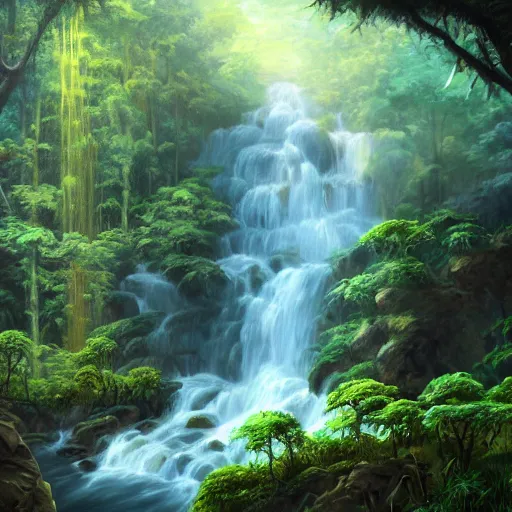 Prompt: a waterfall homogeneous to tears near a tumultuously overgrown jungle, intricately detailed oil painting, trending on artstation, cgsociety contest winner, 4 k quality