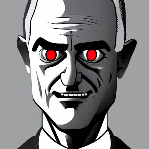 Image similar to solid glowing eyes, digital portrait of secretary of denis mcdonough face with solid glowing eyes, cover art of graphic novel, evil laugh, menacing, Machiavellian puppetmaster, villain, simple style, solid colors, clean lines, clean ink, trending on artstation