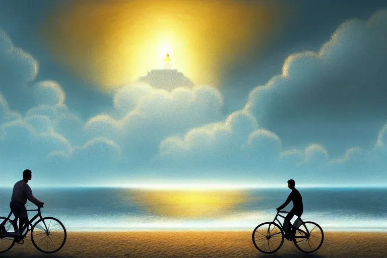 Image similar to photo of man riding a bicycle along the beach that is lit by glowing organisms underwater toward a lighthouse in the distance, silhouette wide horizon, large white clouds, intricate, elegant, highly detailed, digital painting, artstation, concept art, smooth, sharp focus, illustration, art by artgerm and greg rutkowski and fra angelico