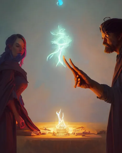 Image similar to old mage casting a light spell, highly detailed vfx portrait, unreal engine, greg rutkowski, loish, rhads, beeple, makoto shinkai and lois van baarle, ilya kuvshinov, rossdraws, tom bagshaw, alphonse mucha, global illumination, detailed and intricate environment