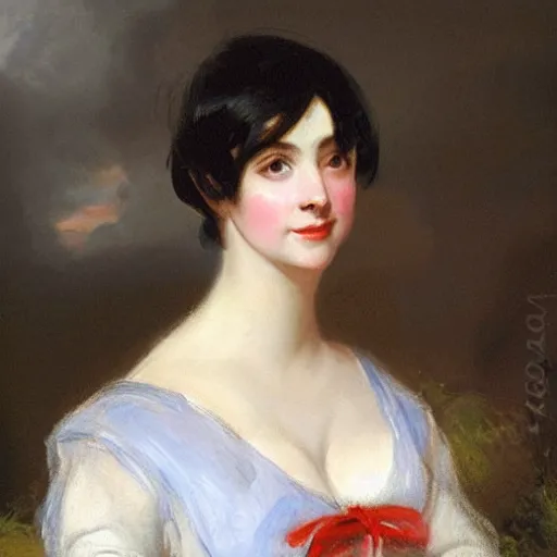 Prompt: Romanticism painting of a young woman with short hair painted in 1803 by Sir Thomas Lawrence