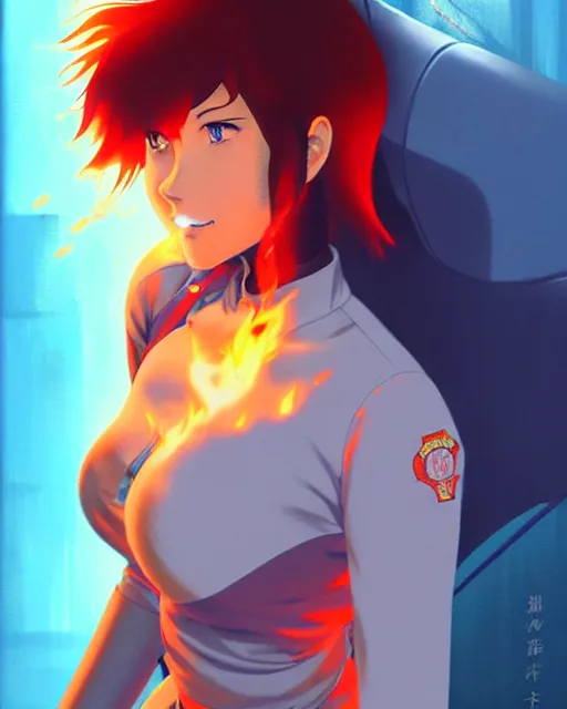 Image similar to female fireman, roaring flames!! | | very very anime!!!, beautiful fine - face, audrey plaza, realistic shaded perfect face, fine details. anime. realistic shaded lighting poster by ilya kuvshinov katsuhiro otomo ghost in the shell, magali villeneuve, artgerm, jeremy lipkin and michael garmash and rob rey