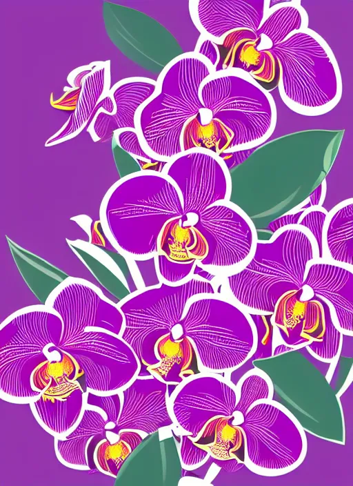 Prompt: a vector illustration of orchids, flat, graphic, gradients, vaporwave