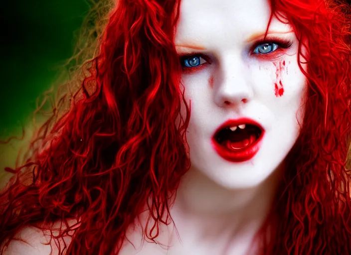 Prompt: award winning 5 5 mm close up face portrait photo of an anesthetic and beautiful redhead woman with blood - red wavy hair, intricate eyes that look like stars, and fangs, in a park by luis royo