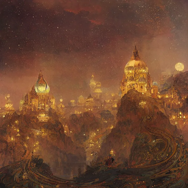 Prompt: a beautiful painting of the view from the river of the stately pleasure domes of kublai khan in xanadu, at night with a sky full of stars, intricate, elegant, highly detailed, digital painting, artstation, concept art, by krenz cushart and artem demura and alphonse mucha