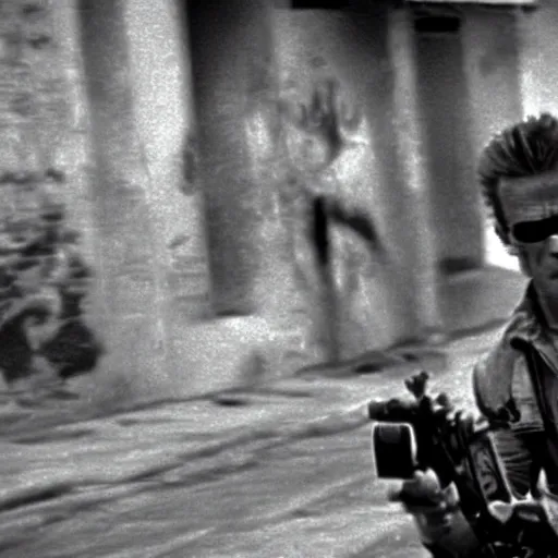 Image similar to film still of the terminator at a favela, shooting scene, blurry