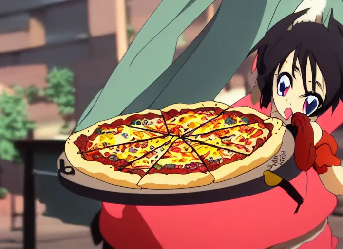 Prompt: anime film still of a dragon eating a pizza, 8 k