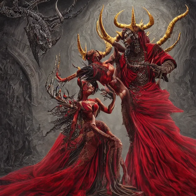 Image similar to beautiful painting of black man and a female devil in red dress with horns are dancing together, in Dark souls and elden ring style, insanely detailed and intricate, golden ratio, hypermaximalist, elegant, ornate, luxury, elite, ominous, haunting, matte painting, cinematic, cgsociety, James jean, Brian froud, ross tran, Laputa