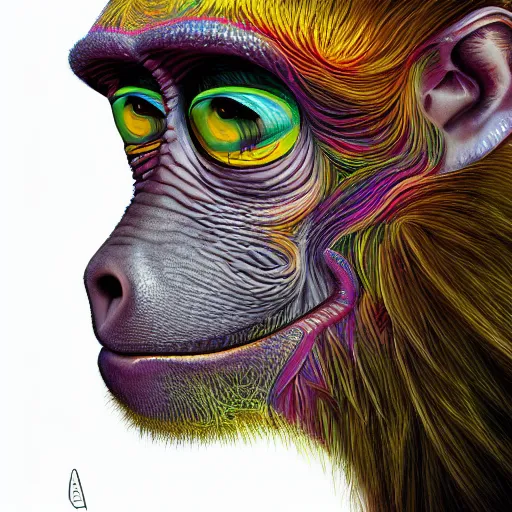 Prompt: An extremely psychedelic portrait of a monkey, surreal, LSD, face, detailed, intricate, elegant, lithe, highly detailed, digital painting, artstation, concept art, smooth, sharp focus, illustration